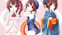 Flowers red eyes swimming kimono school anime girls brunettes 