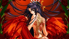 Flowers red eyes tattoos long hair anime girls ponytails black 