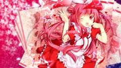 Flowers red pink hair pink eyes anime girls maids aprons