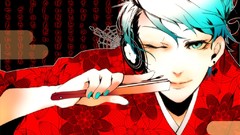 Flowers red text headphones Jewelry white hair red dress kimono 