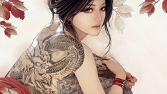 Flowers red woman Books Dragons white background tattoos 