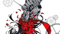 Flowers red woman monochrome smiling long hair closed eyes 