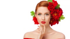 Flowers red woman roses white background blue eyes