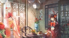 Flowers Ribbons long hair gray eyes yellow eyes black hair 