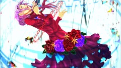 Flowers roses Anime dress red eyes red dress pink hair long 