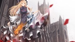 Flowers roses dress hats Ribbons buildings blondes long hair 