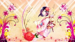 Flowers roses Plants Anime Bells staff Ribbons kimono anime 
