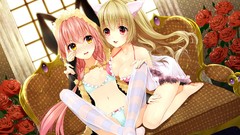 Flowers roses red eyes blondes couch blush pink hair long hair 