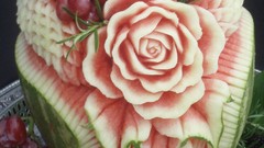 Flowers roses watermelons fruit basket cropped fruit carving