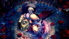 Flowers roses wings blood red eyes skulls blue hair anime girls 