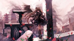 Flowers roses wings dress red eyes Ribbons long hair anime 