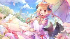 Flowers roses wings dress Umbrellas horns red eyes blush anime 