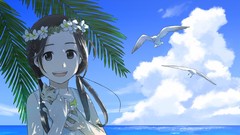 Flowers Sea Animals water clouds cats Shade seagulls anime 