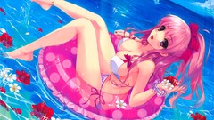 Flowers Sea blush pink hair pink eyes anime girls cleavage 