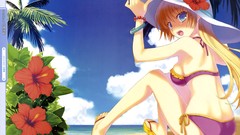 Flowers Sea hats Beaches blondes long hair anime girls blue 