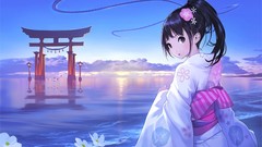 Flowers Sea Mountains Manga kimono anime girls flower in hair 