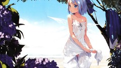 Flowers Sea wings dress wet clothes blue hair anime girls blue 