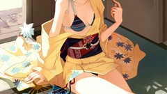 Flowers sitting fans legs anime girls indoors brunettes animal 