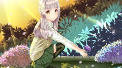 Flowers skirts anime girls yellow eyes gray hair original 