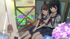 Flowers sleeping Umbrellas blush anime girls brunettes school 