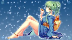 Flowers snow Ribbons kimono long hair anime girls green eyes 