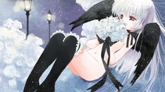 Flowers snow wings white hair red eyes Ribbons stockings anime 