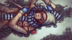 Flowers snow winter paintings anime girls blue eyes short hair 