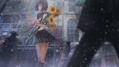 Flowers snow winter Sunflowers schoolgirls buildings skirts 