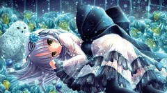Flowers snowflakes snow blue Anime anime girls yellow eyes 