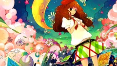 Flowers Stars moon brown tie skirts long hair anime girls brown 