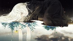 Flowers Stars woman white hair long hair black dress gold eyes 