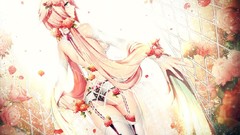 Flowers stockings pink hair anime girls blue eyes original 