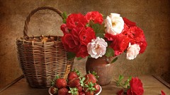 Flowers strawberries baskets vases bowls