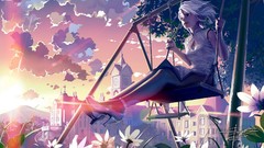 Flowers sun clouds lips white hair sitting bows sunlight blue 