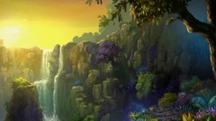 Flowers sun waterfalls artwork fantasy art
