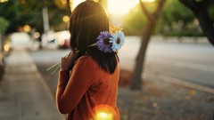 Flowers sun woman street brunettes
