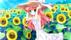 Flowers Sunflowers dress pink hair long hair blue eyes green 