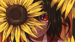 Flowers Sunflowers red eyes faces smiling anime girls short 