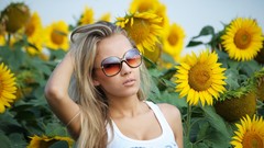 Flowers Sunflowers woman sunglasses blondes models girls with 