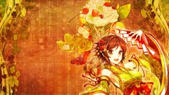 Flowers Sweets cherries bows fans smiling anime girls brown 