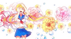Flowers tears blondes skirts anime girls crying school uniforms 