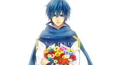 Flowers text blue hair blue eyes short hair vocaloid Kaito 