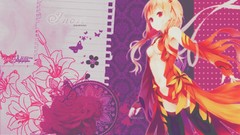 Flowers text paper red eyes gloves Ribbons red dress pink hair 