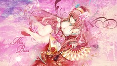 Flowers text pink dress red dress fans pipes pink hair long 