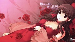 Flowers text roses dress red eyes red dress bows long hair 