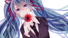 Flowers text tears tie white background Ribbons suit blue hair 