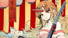 Flowers text weapons Katana dress horns red eyes gloves Bridges 