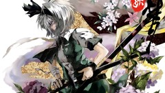 Flowers text weapons Plants Katana dress Japanese Swords gray 