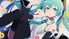 Flowers tie anime girls hatsune miku vocaloid twintails thigh 