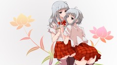 Flowers tie white hair twins anime girls chopsticks school 